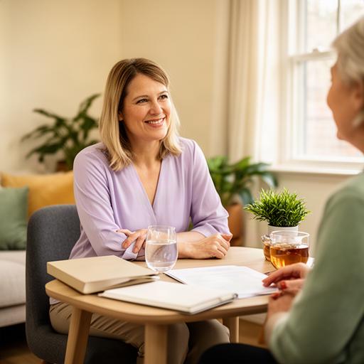 Asesora conversando con un cliente en una sala acogedora sobre sus objetivos de jubilación