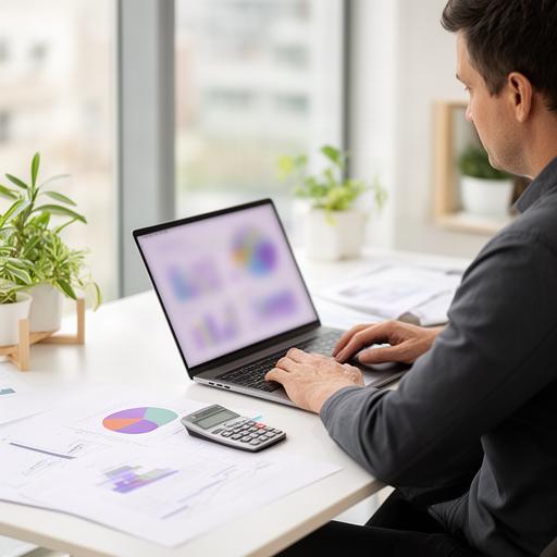 Especialista en inversiones revisando gráficos de fondos en una mesa de trabajo luminosa