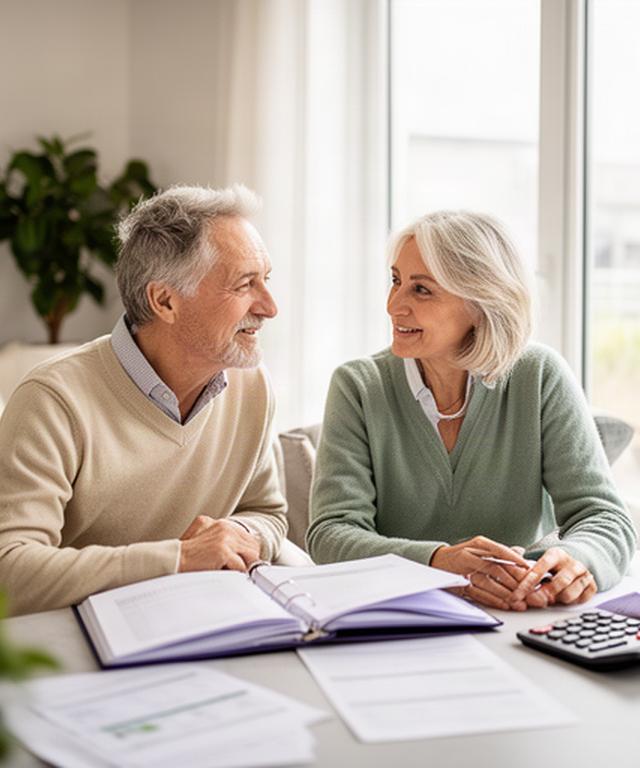 Pareja revisando su planificación de jubilación junto a una ventana luminosa