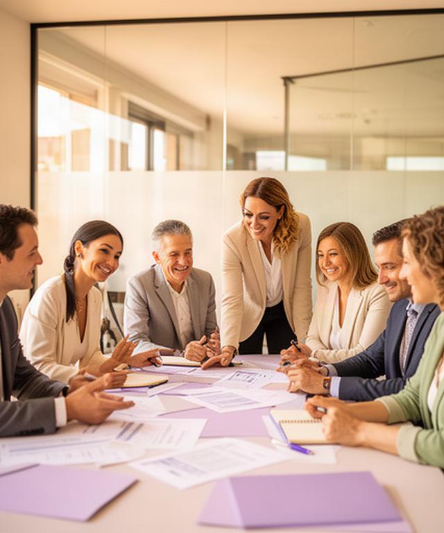 Equipo de asesores reunido en una oficina luminosa de Griñón revisando planes de jubilación